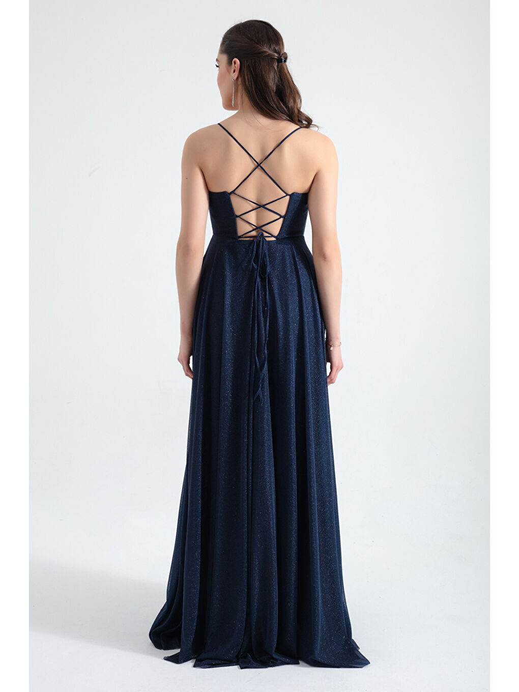 Kadın Lacivert Balen Korseli Simli Uzun Abiye Elbise-4