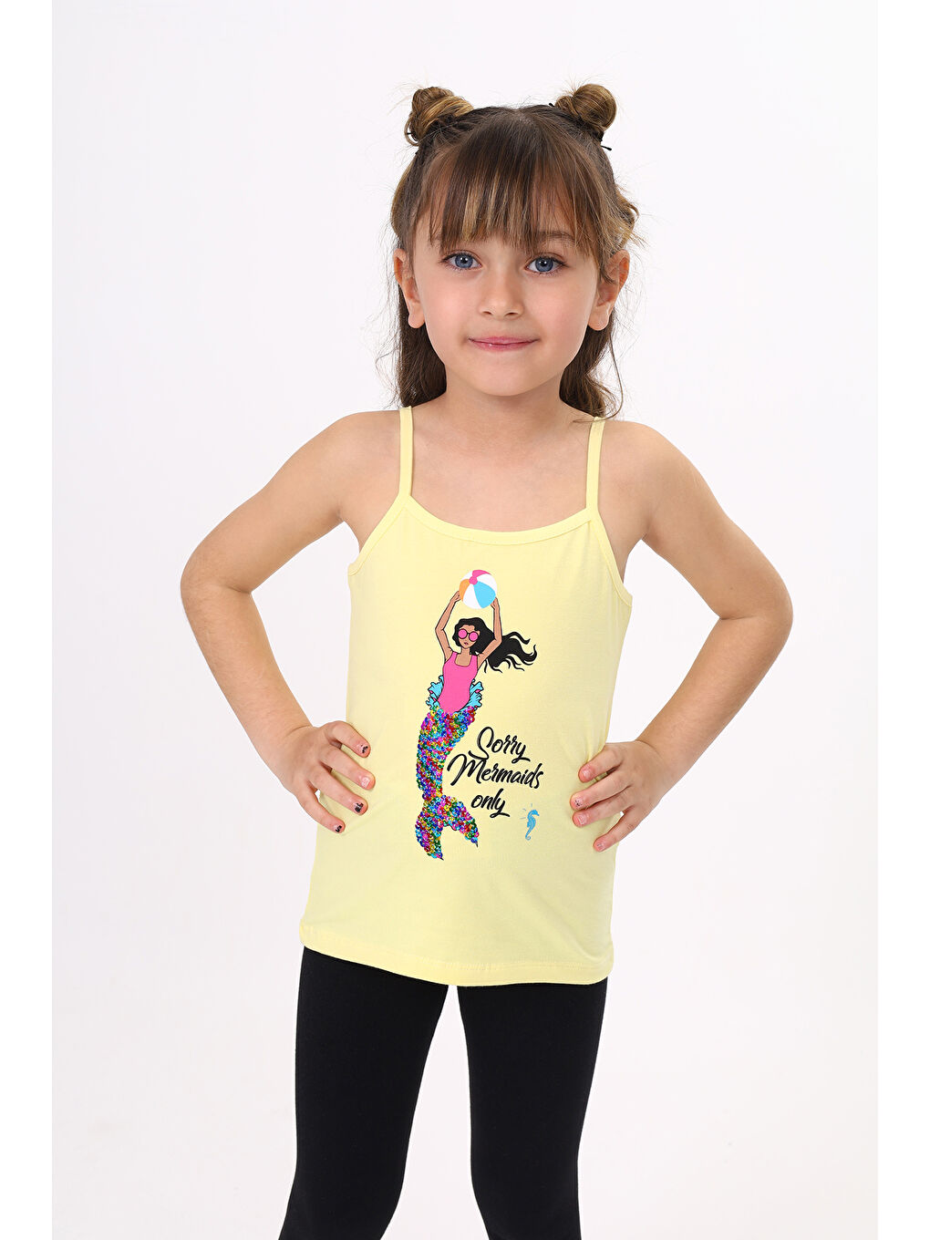 Sarı Kız Çocuk Deniz Kızı Baskılı Pul İşlemeli Atlet