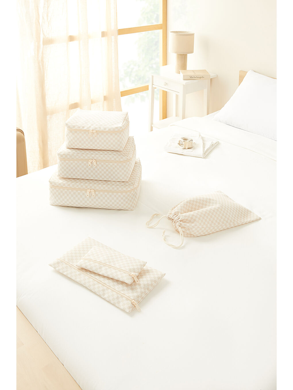 6'lı Yıkanabilir Bej Dama Desen Pamuklu Bavul İçi Düzenleyici Set-2