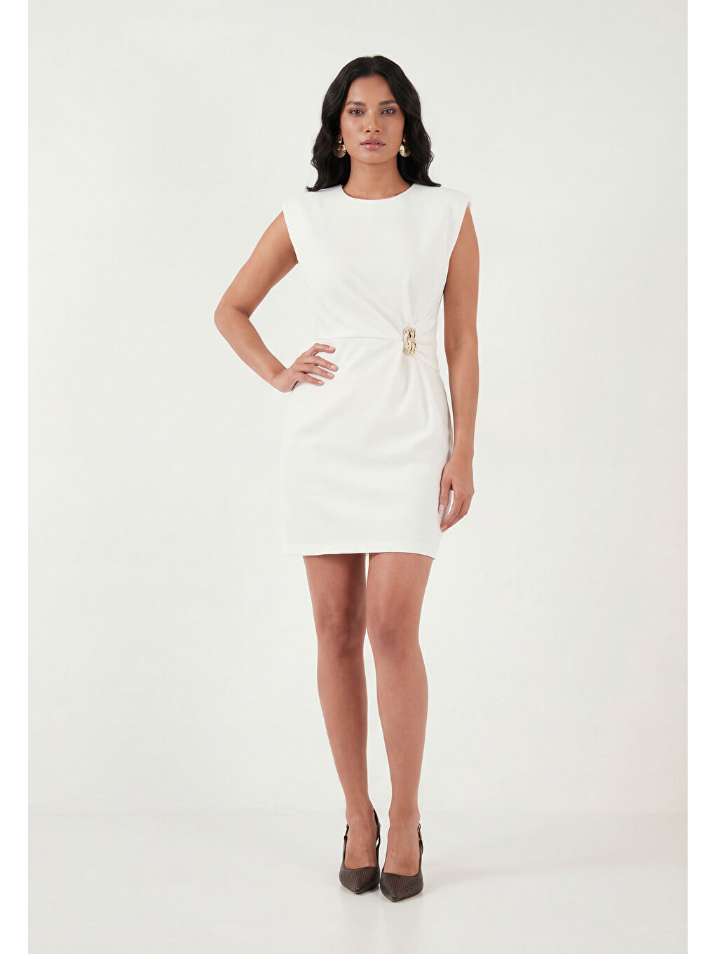 Ekru Bisiklet Yaka Kolsuz Mini Elbise 6525719-1