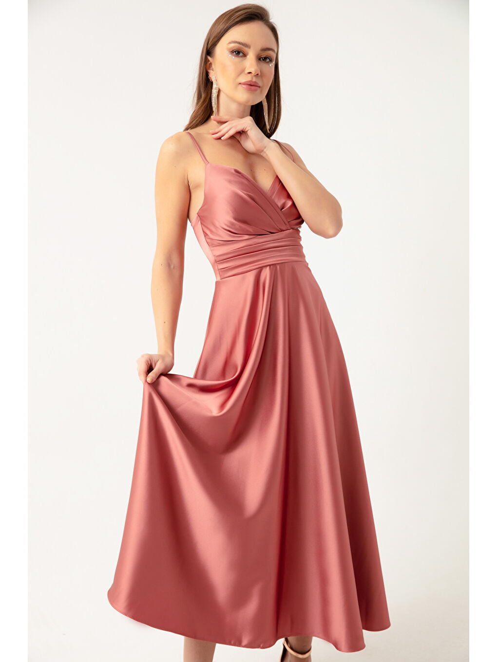 Pembe Kadın Somon İp Askılı Bel Kemerli Saten Midi Abiye & Mezuniyet Elbisesi-1