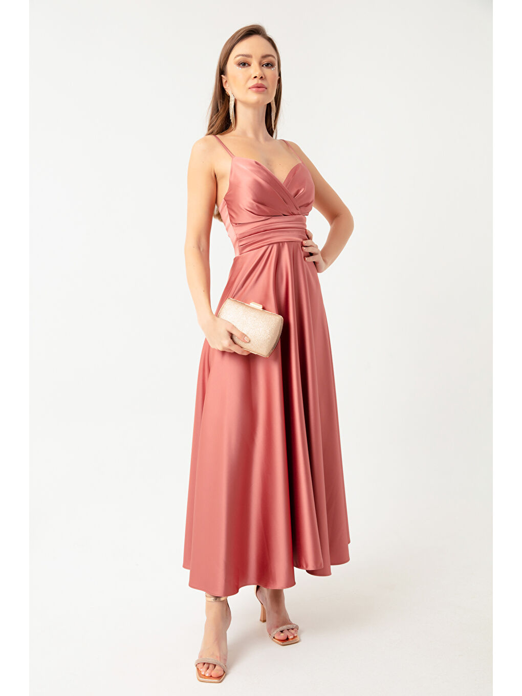 Pembe Kadın Somon İp Askılı Bel Kemerli Saten Midi Abiye & Mezuniyet Elbisesi-3