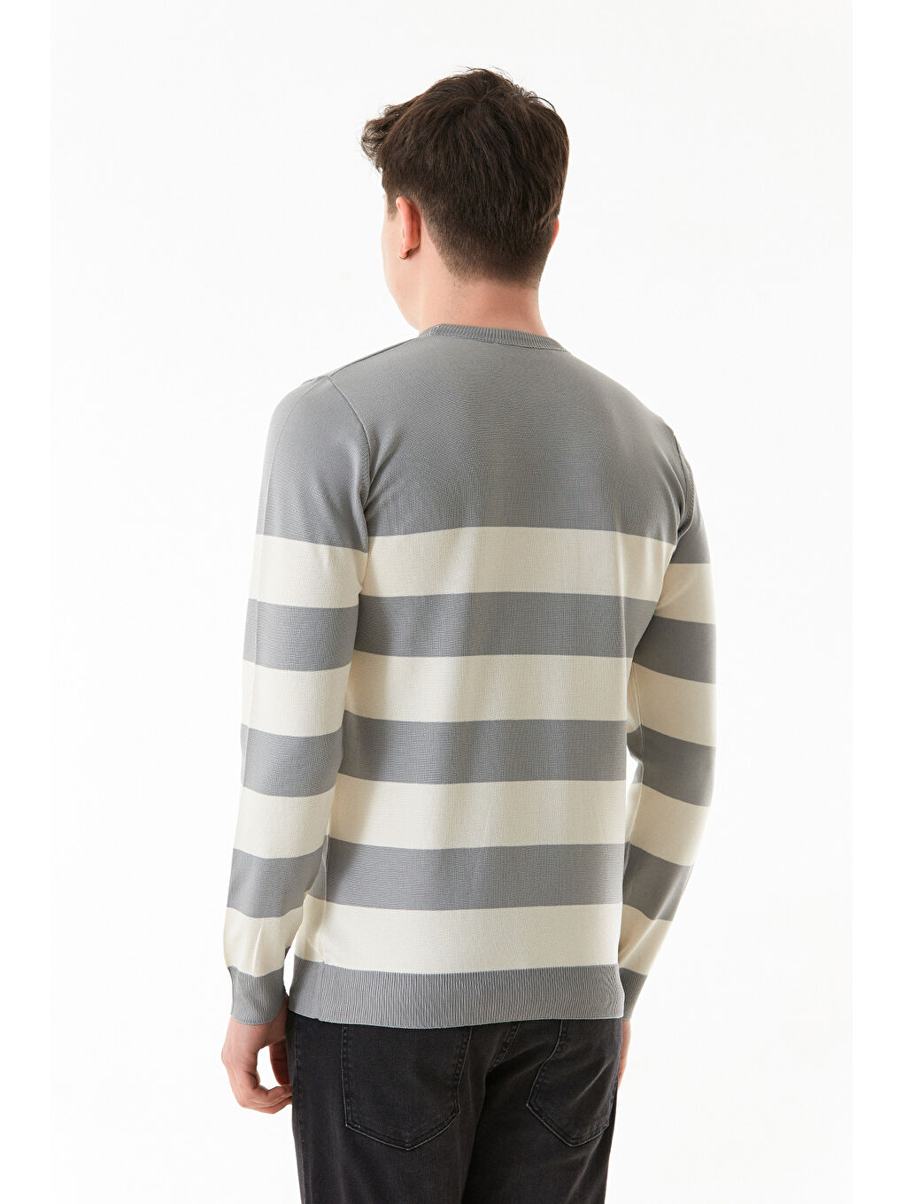 Gri Çizgili Bisiklet Yaka Triko Kazak-2