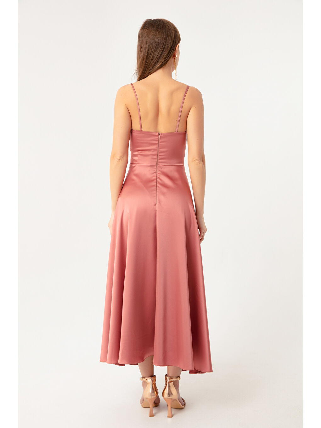 Pembe Kadın Somon İp Askılı Bel Kemerli Saten Midi Abiye & Mezuniyet Elbisesi-4