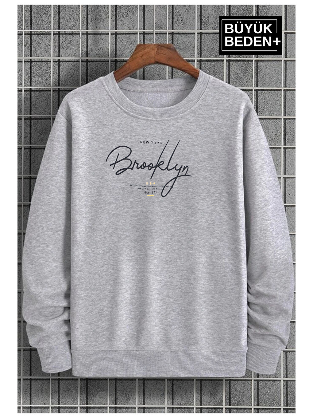 Gri El Yazılı Brooklyn Baskılı  İnce Bisiklet Yaka Erkek Büyük Beden Sweatshirt SPR25BSW59-1