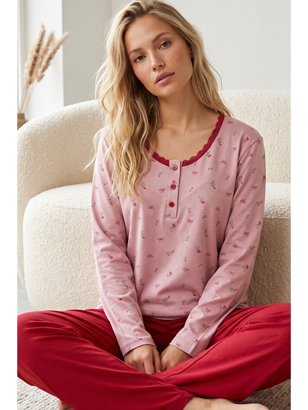 Karışık Düğmeli Pamuklu Elastanlı Örme Pijama Takım26240309