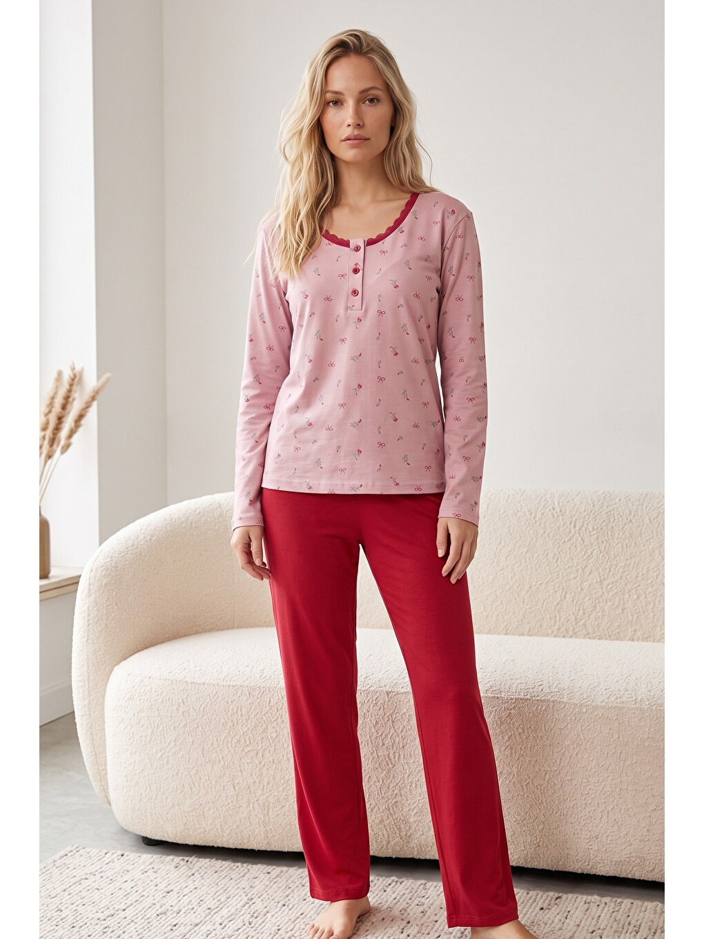 Karışık Düğmeli Pamuklu Elastanlı Örme Pijama Takım26240309-1