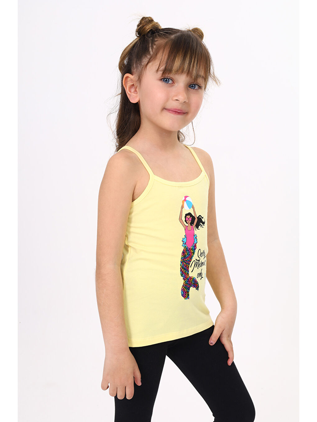 Sarı Kız Çocuk Deniz Kızı Baskılı Pul İşlemeli Atlet-2