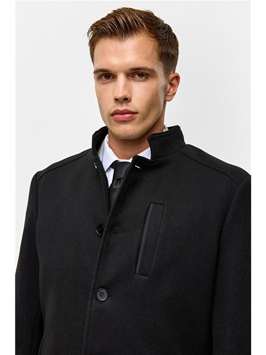 Siyah Regular Düz Hakim Yaka Kaban-2