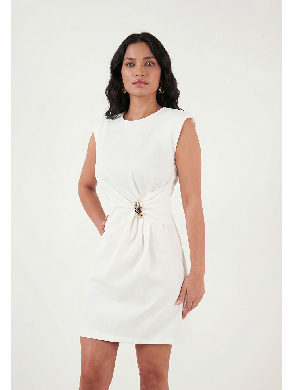 Ekru Bisiklet Yaka Kolsuz Mini Elbise 6525719-3