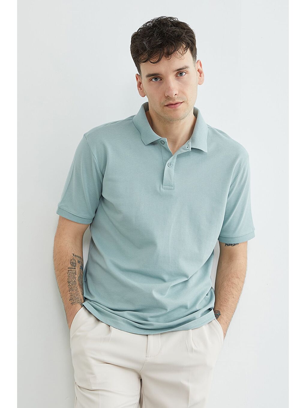 Yeşil Basic Polo Yaka Pike Tişört-1