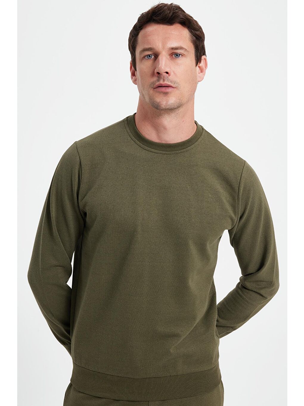 Erkek Regular Fit Klasik Kesim Pamuklu 2 İplik Yumuşak Dokulu Bisiklet Yaka Haki Eşofman Takımı-1