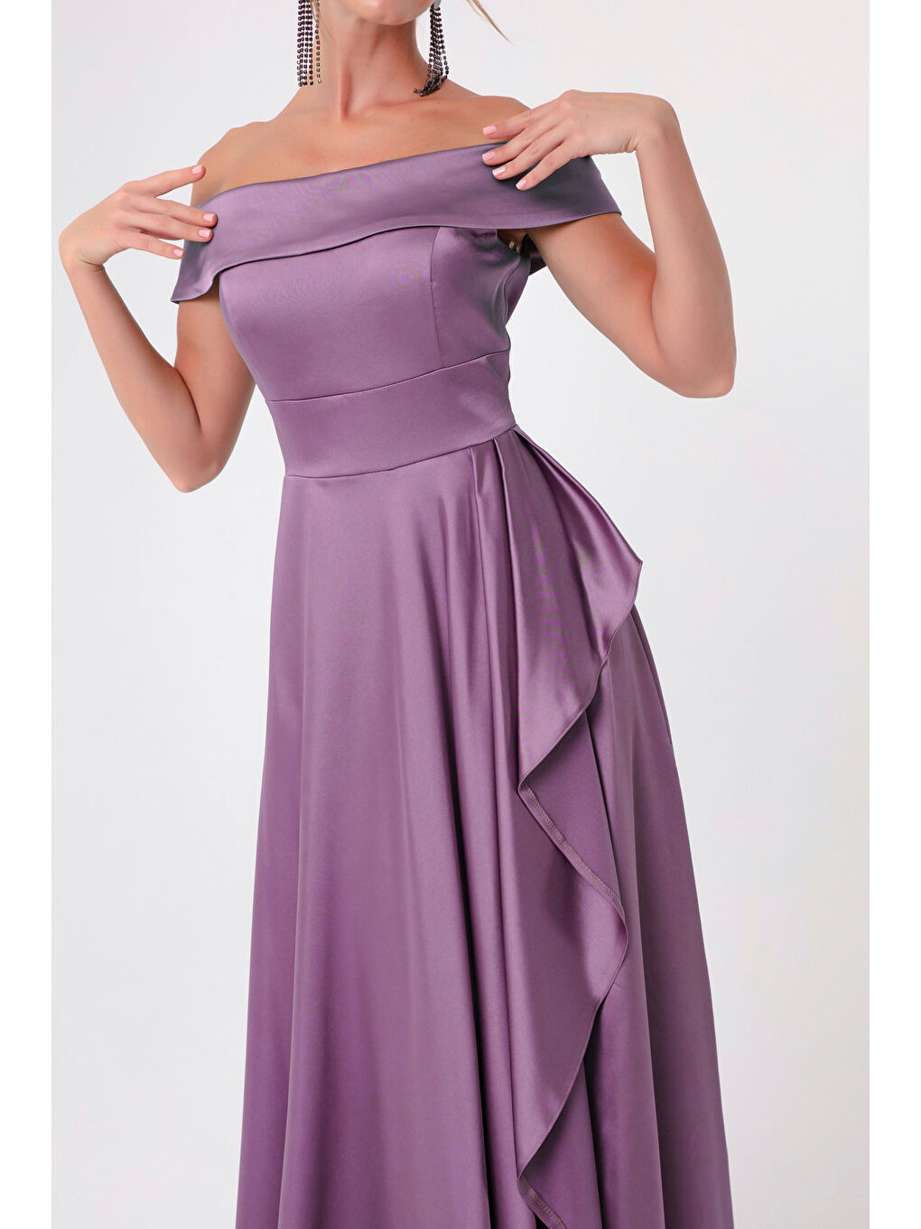 Lila Kadın Lavanta Kayık Yaka Saten Abiye & Mezuniyet Elbisesi-1