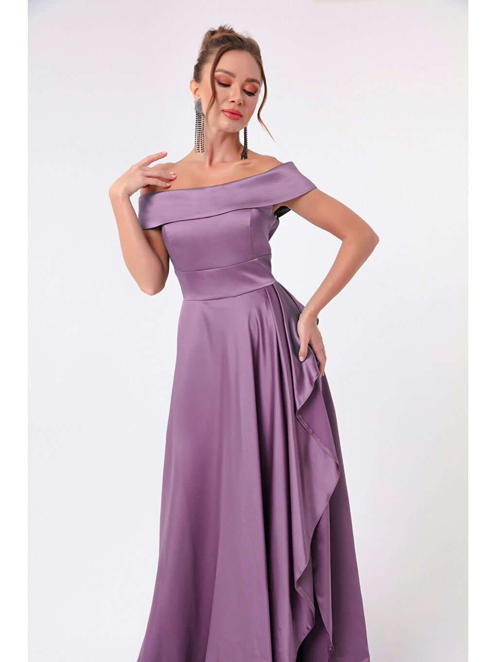 Lila Kadın Lavanta Kayık Yaka Saten Abiye & Mezuniyet Elbisesi-2