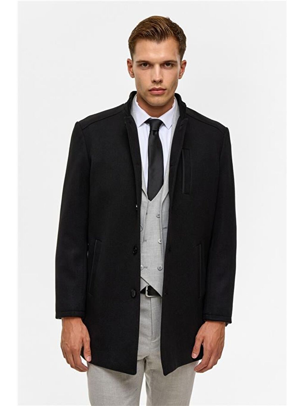 Siyah Regular Düz Hakim Yaka Kaban-4