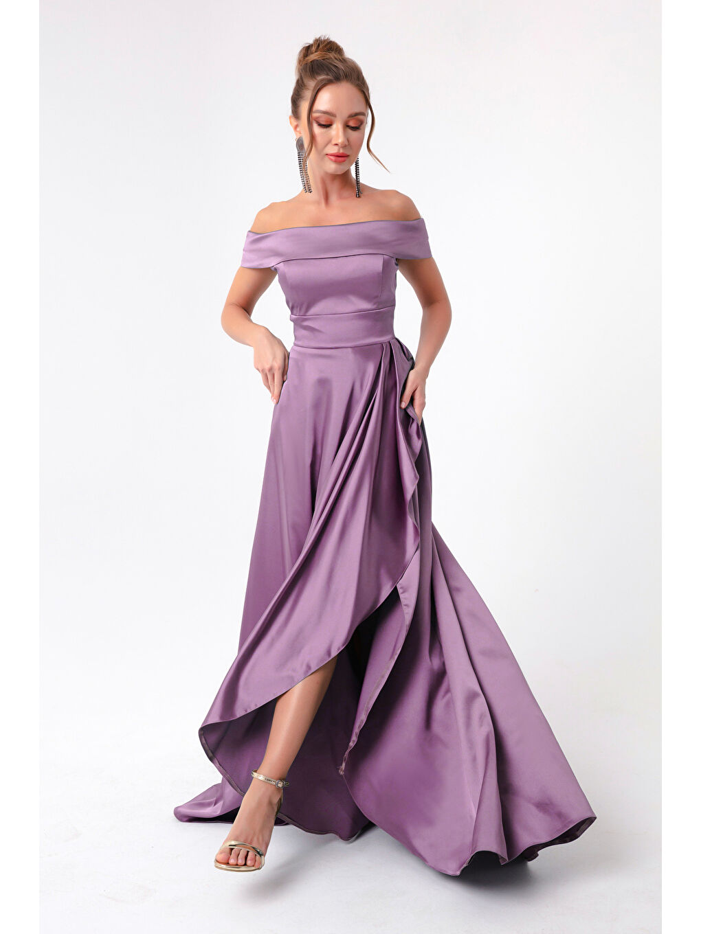 Lila Kadın Lavanta Kayık Yaka Saten Abiye & Mezuniyet Elbisesi-3