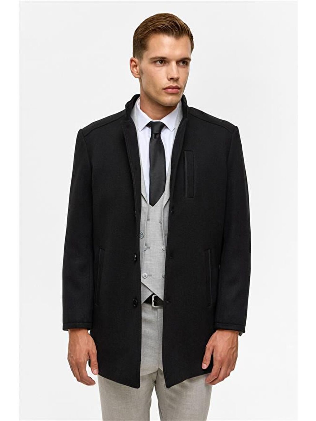 Siyah Regular Düz Hakim Yaka Kaban-5