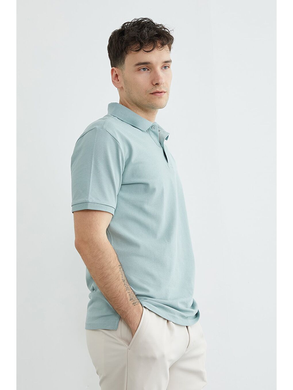 Yeşil Basic Polo Yaka Pike Tişört-3