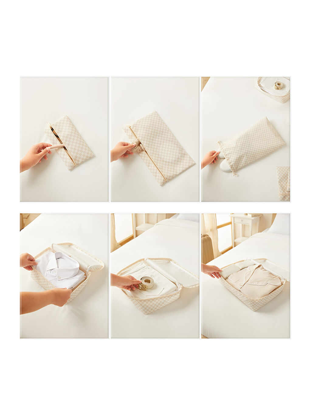 6'lı Yıkanabilir Bej Dama Desen Pamuklu Bavul İçi Düzenleyici Set-4