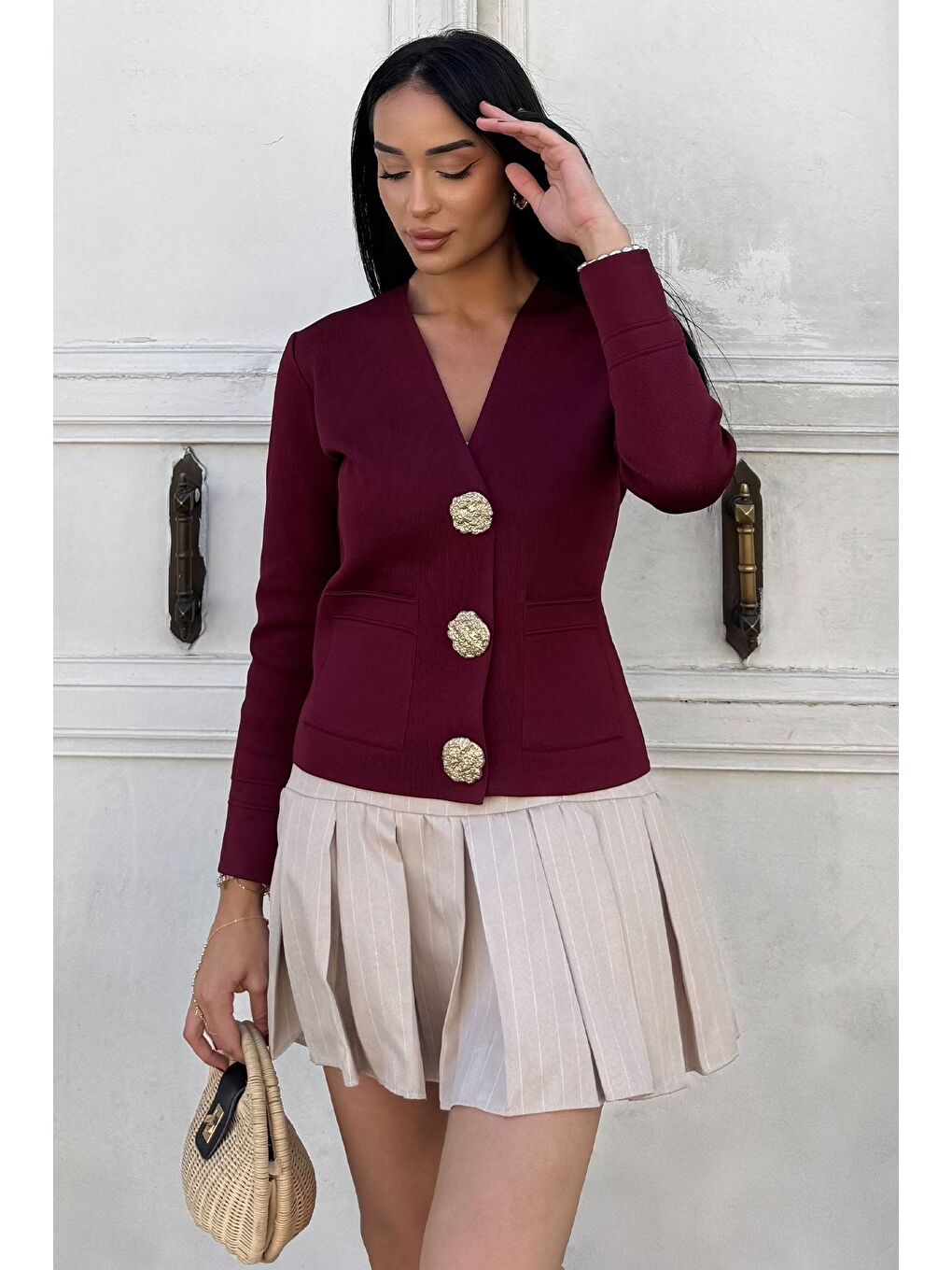 Bordo Çift Cepli Düğmeli Triko Ceket (s,m,l Uyumludur)-1