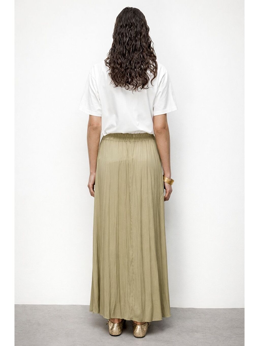 Hakı Haki Kırışık Görünümlü Saten Maksi Etek-2