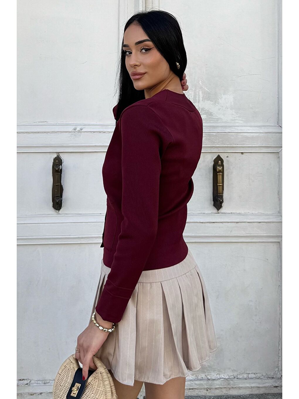 Bordo Çift Cepli Düğmeli Triko Ceket (s,m,l Uyumludur)-2