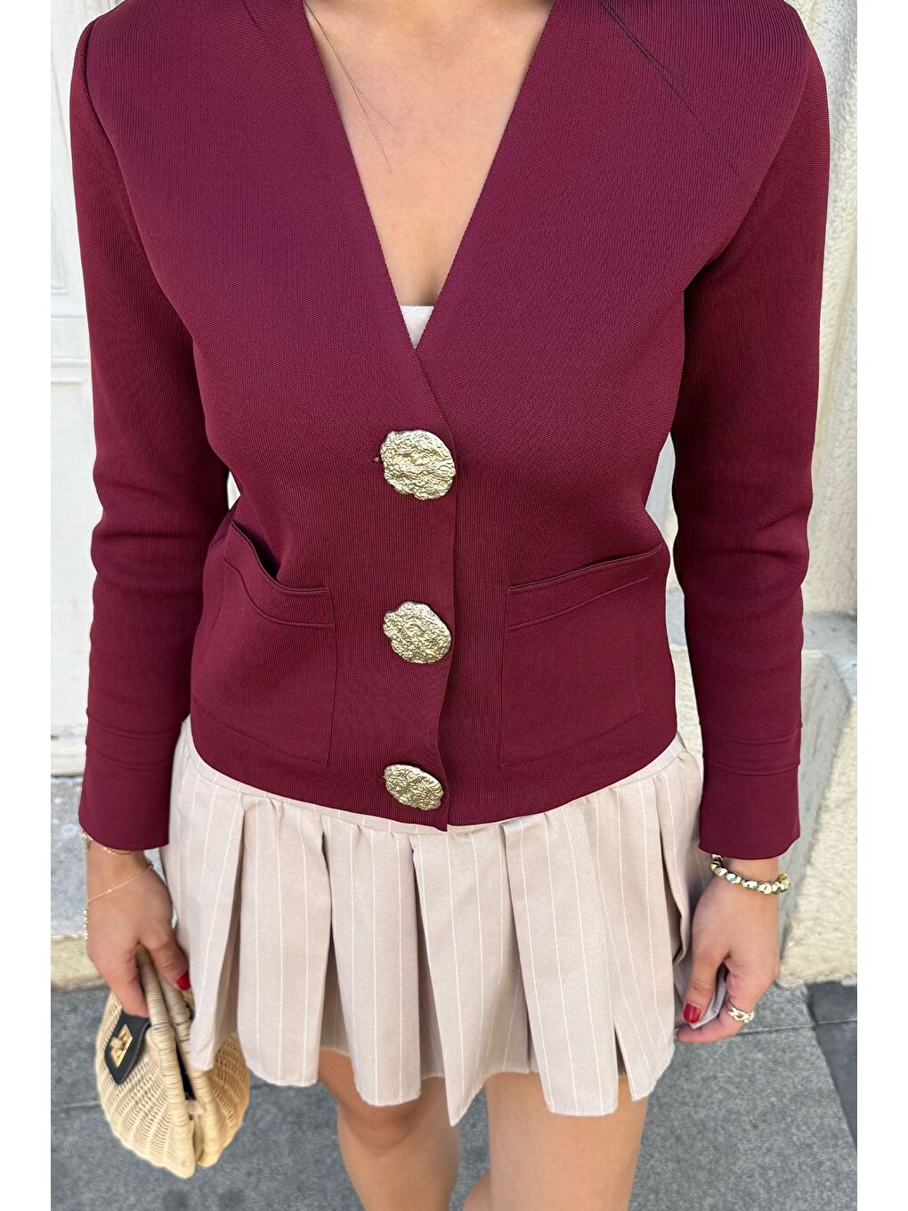 Bordo Çift Cepli Düğmeli Triko Ceket (s,m,l Uyumludur)-3