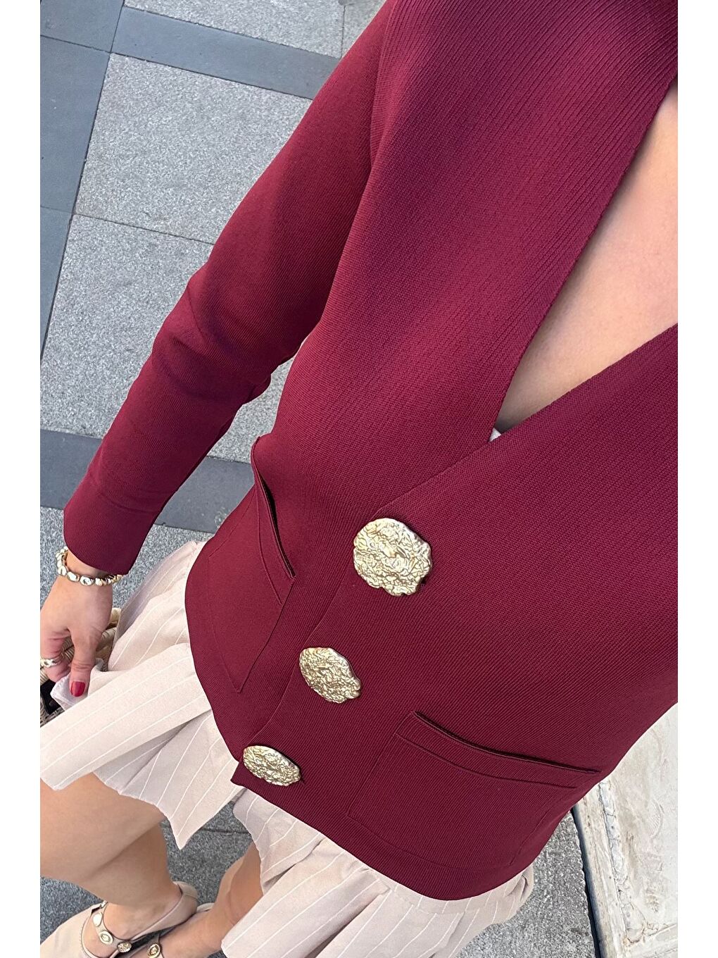 Bordo Çift Cepli Düğmeli Triko Ceket (s,m,l Uyumludur)-4