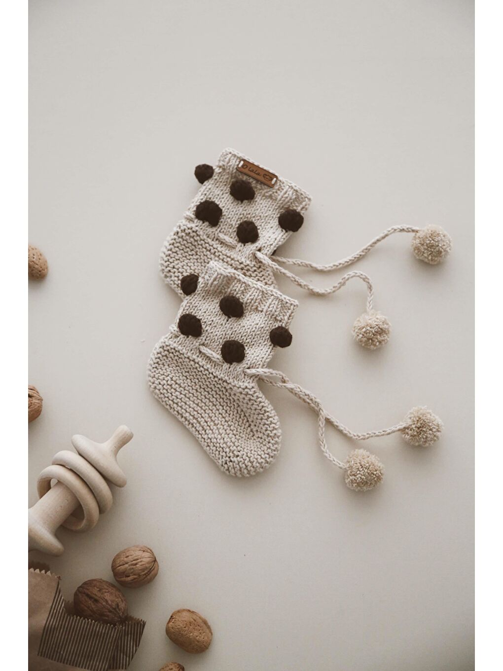 Bej Ponponlu Örgü Patik Bebek 0-12 Ay-1
