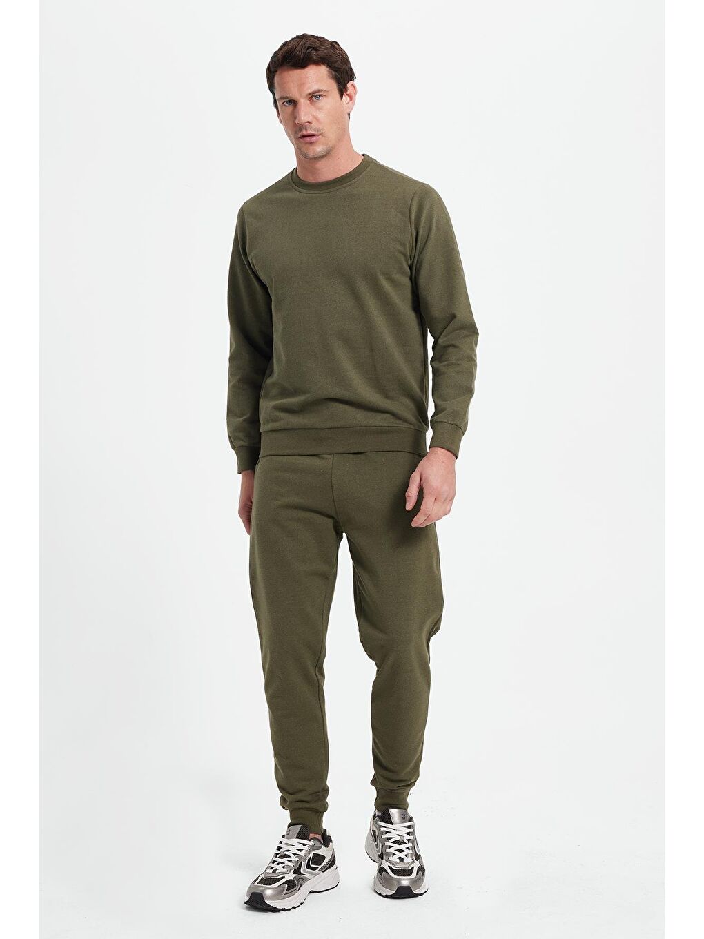 Erkek Regular Fit Klasik Kesim Pamuklu 2 İplik Yumuşak Dokulu Bisiklet Yaka Haki Eşofman Takımı-4