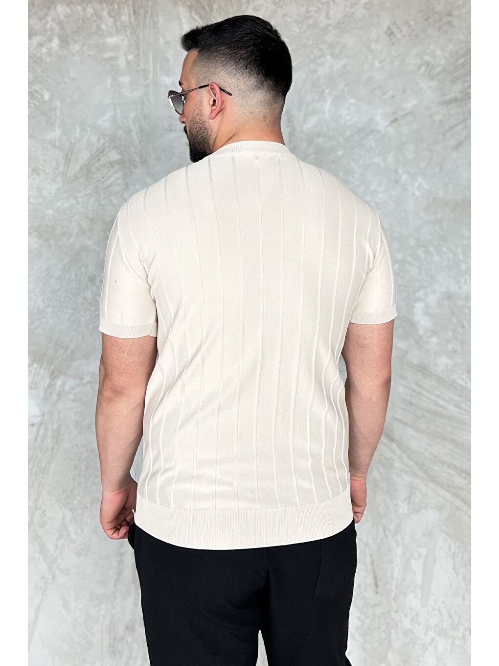 Bej Erkek Bisiklet Yaka Kendinden Çizgi Desenli Triko Tişört-2