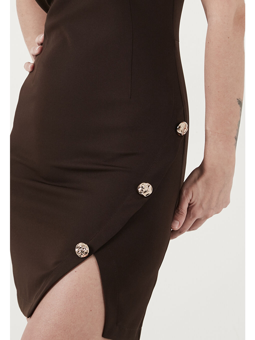 Kahverengi Bisiklet Yaka Mini Yırtmaç Detaylı Elbise 6525717-3