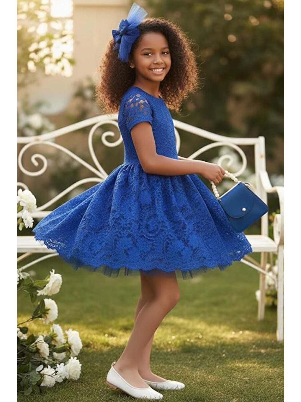 Kız Çocuk Üzeri Dantel İşlemeli İçi Astarlı Simli Mavi Abiye-1