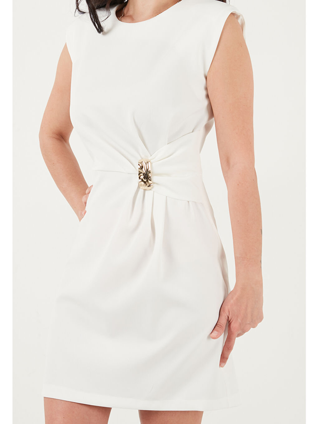 Ekru Bisiklet Yaka Kolsuz Mini Elbise 6525719-4