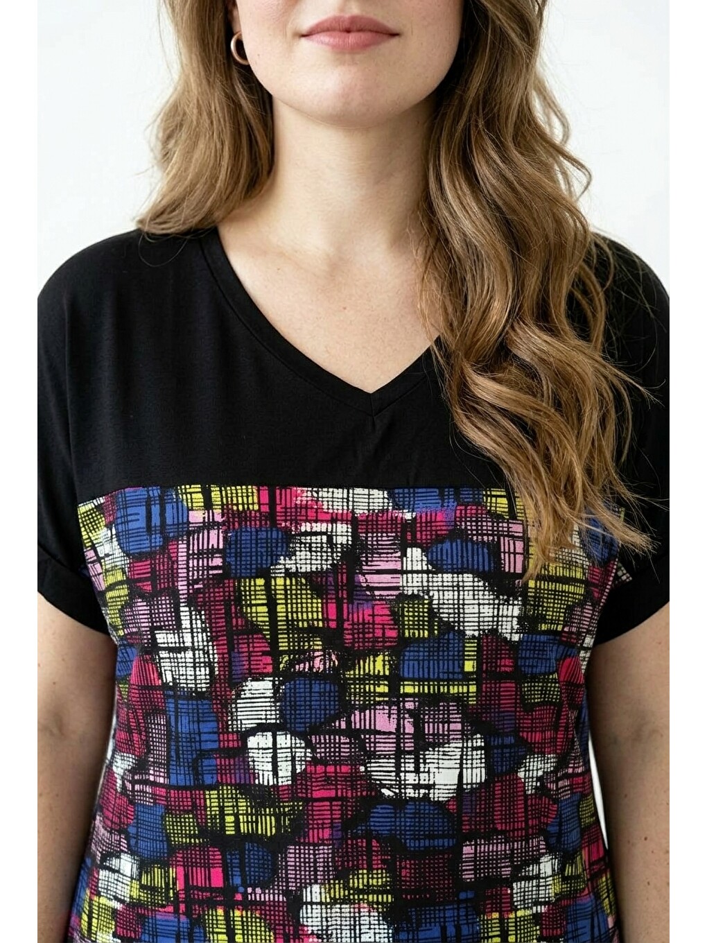Siyah V Yaka Renk Bloklu T-shirt-3