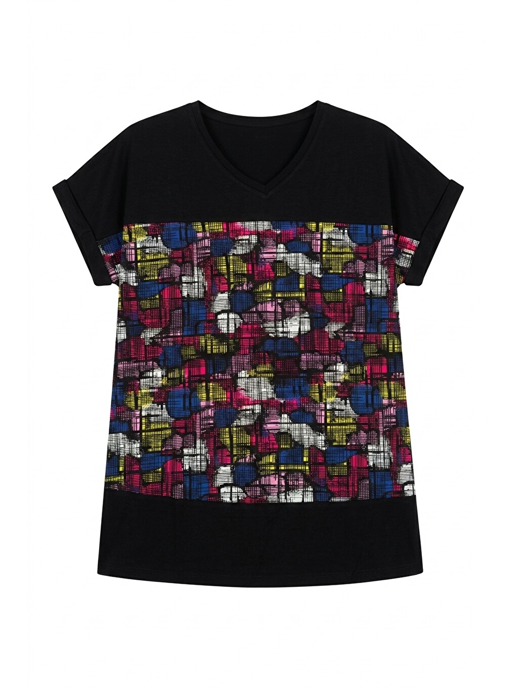 Siyah V Yaka Renk Bloklu T-shirt-4