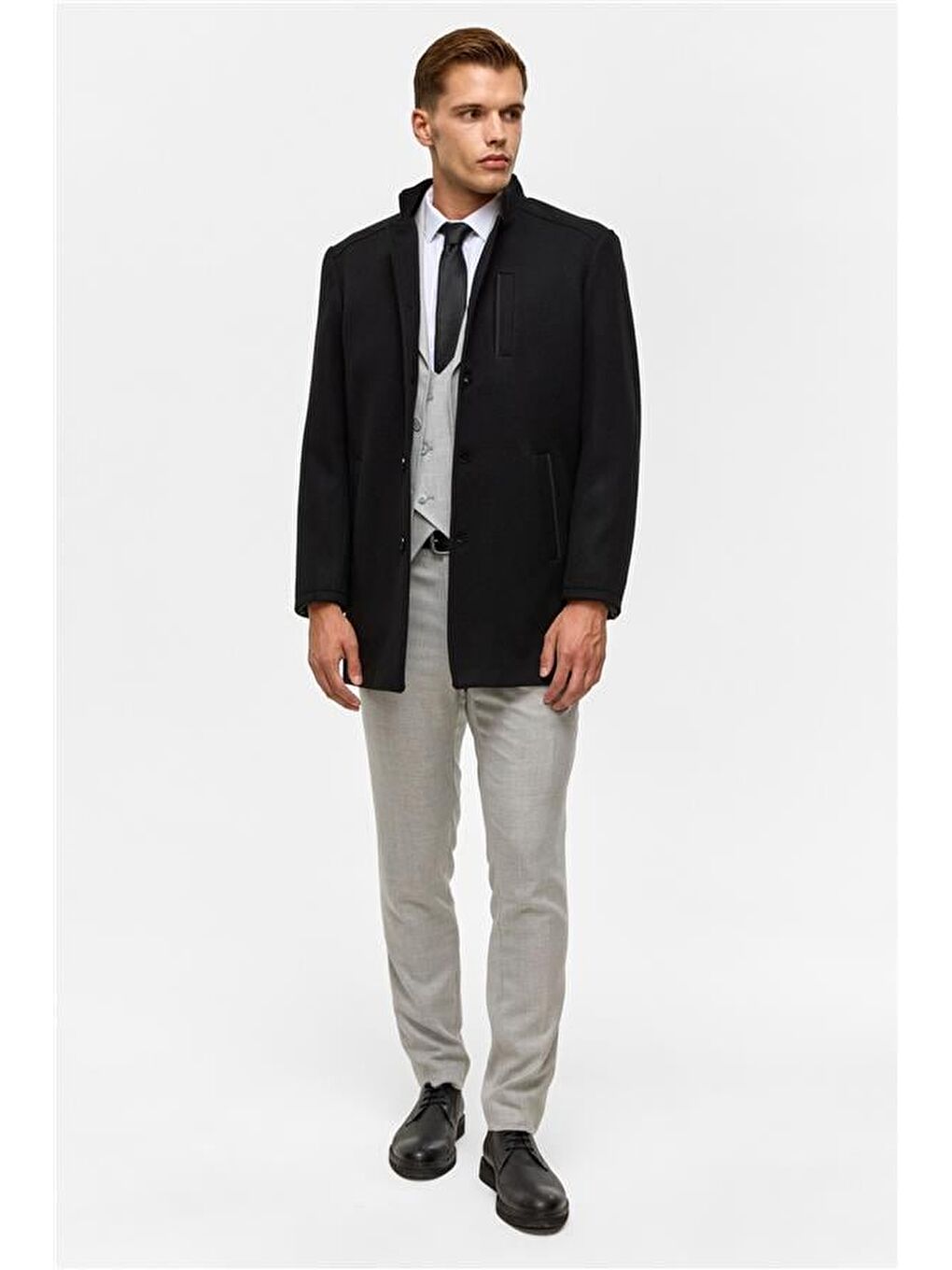 Siyah Regular Düz Hakim Yaka Kaban-10