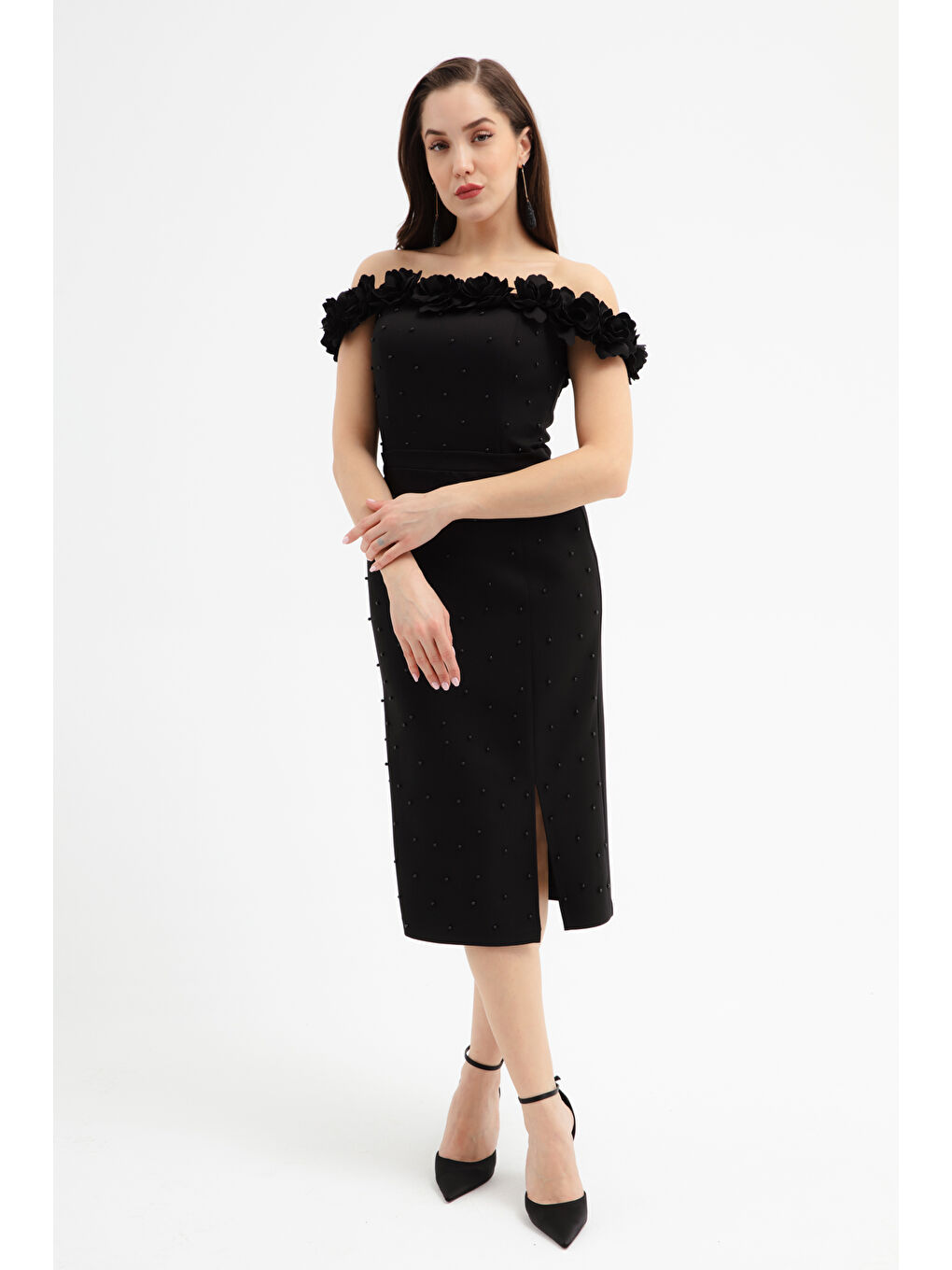 Kadın Siyah Yakası Çiçekli İncili Söz Nişan Nikah Abiye Elbise-1