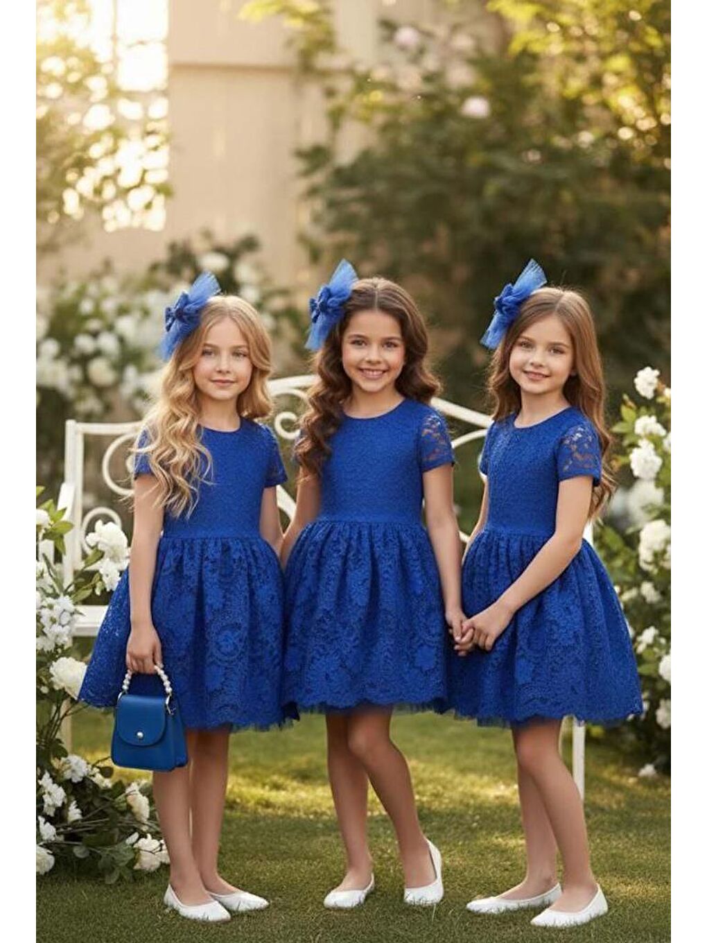 Kız Çocuk Üzeri Dantel İşlemeli İçi Astarlı Simli Mavi Abiye-2
