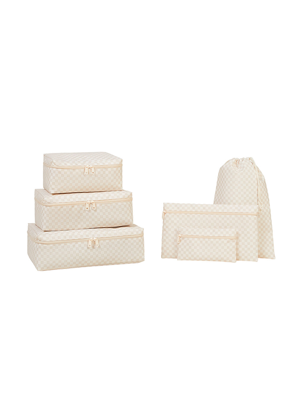 6'lı Yıkanabilir Bej Dama Desen Pamuklu Bavul İçi Düzenleyici Set-5