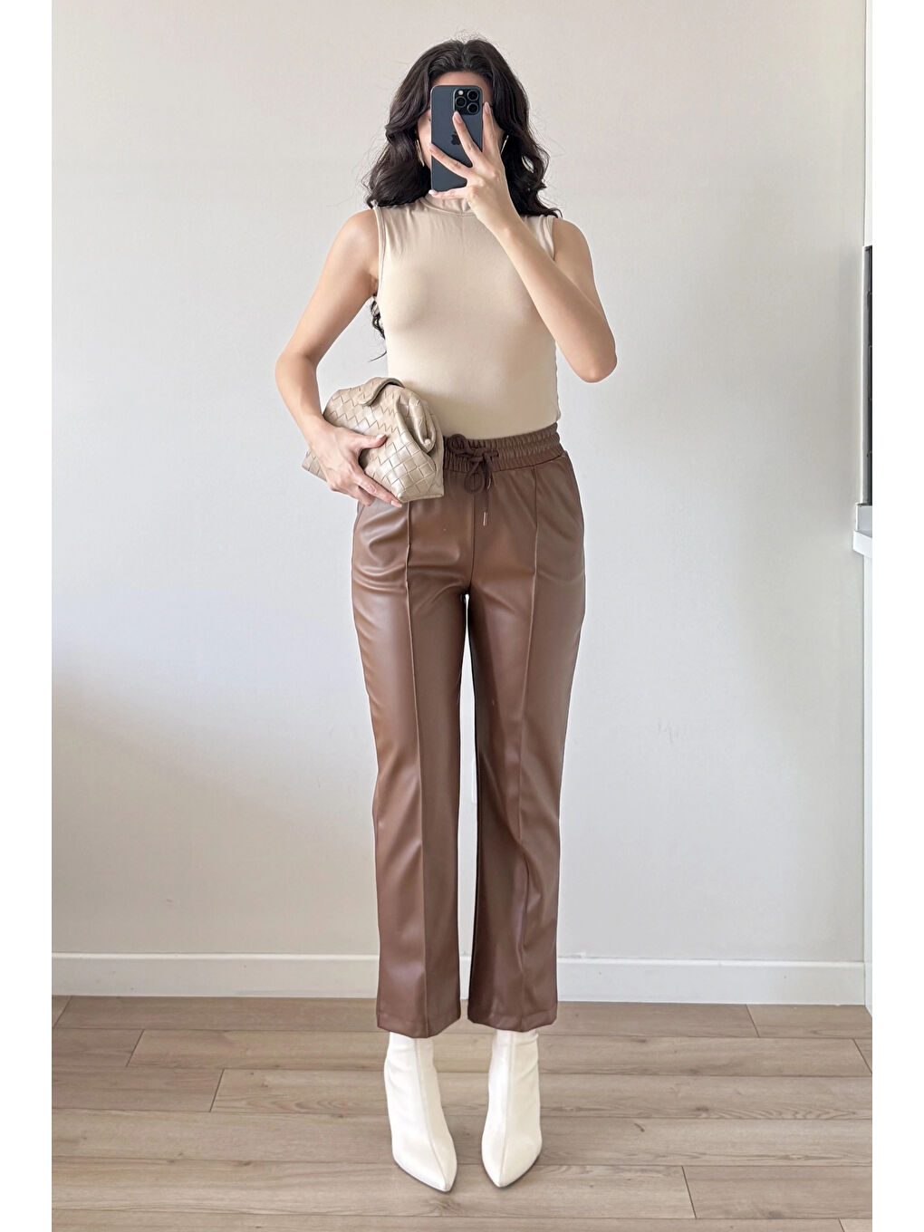 Kahverengi Kadın Kahve Lastikli Çımalı Deri Pantolon 30322-1