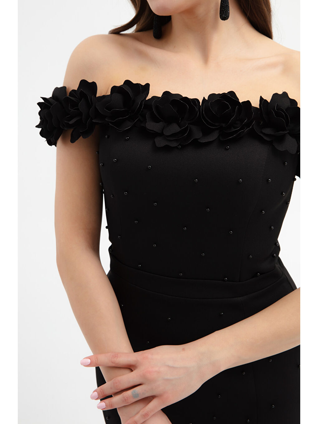 Kadın Siyah Yakası Çiçekli İncili Söz Nişan Nikah Abiye Elbise-3