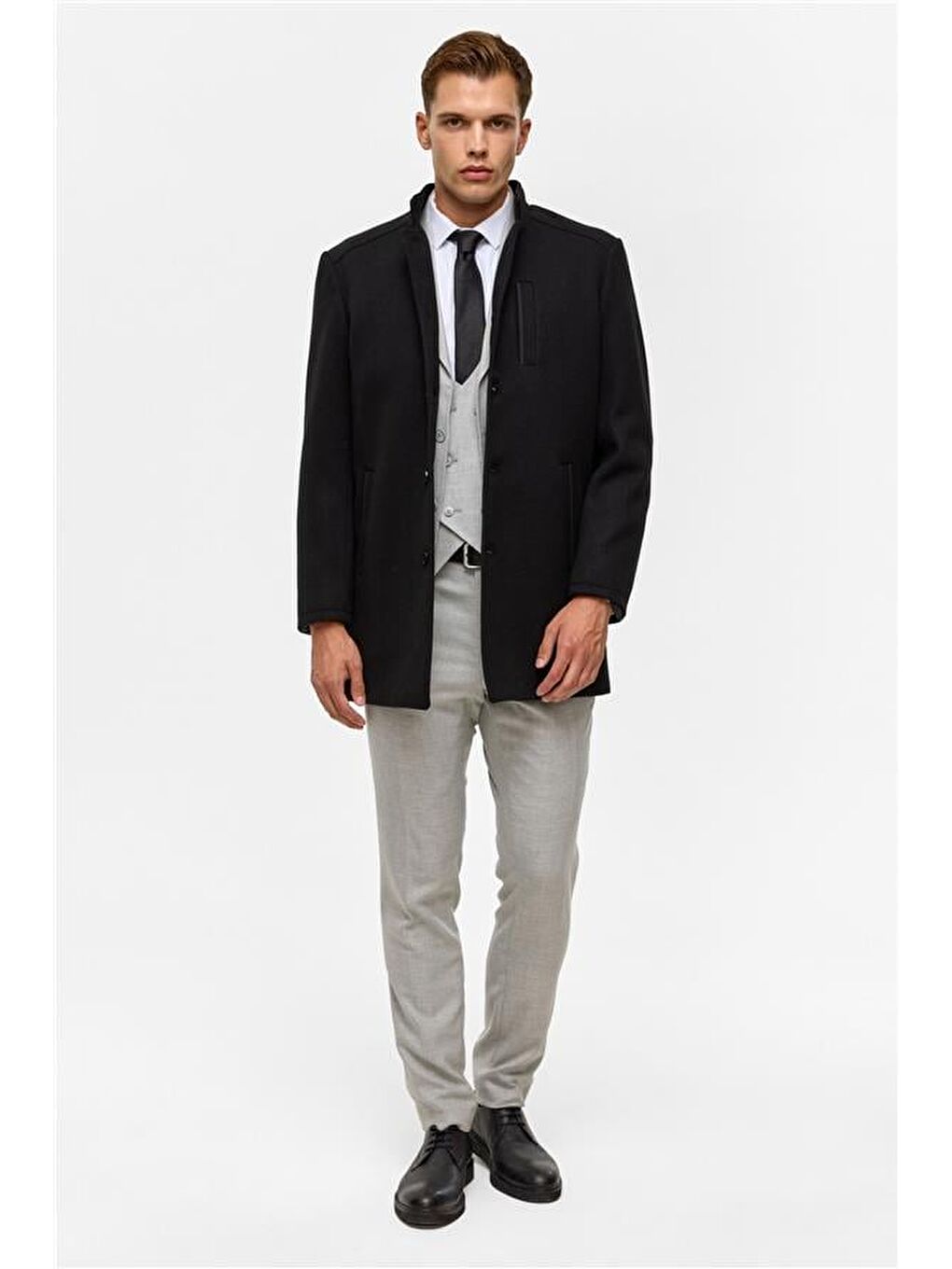 Siyah Regular Düz Hakim Yaka Kaban-11