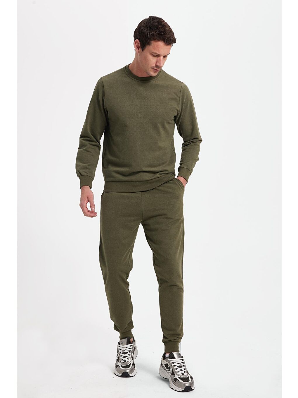 Erkek Regular Fit Klasik Kesim Pamuklu 2 İplik Yumuşak Dokulu Bisiklet Yaka Haki Eşofman Takımı-7