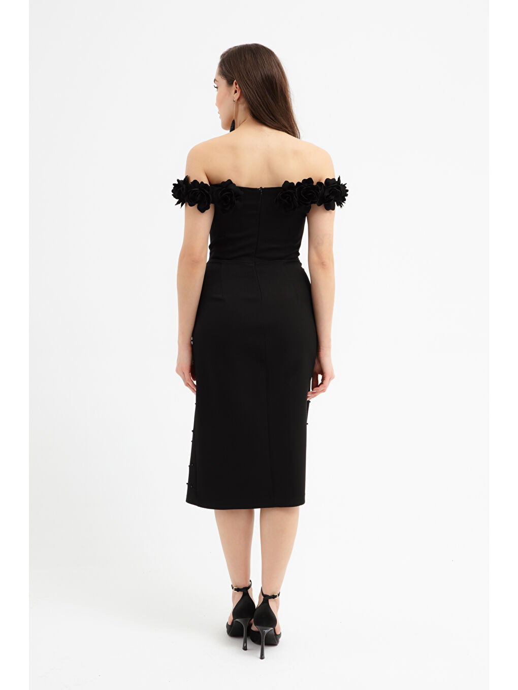 Kadın Siyah Yakası Çiçekli İncili Söz Nişan Nikah Abiye Elbise-4