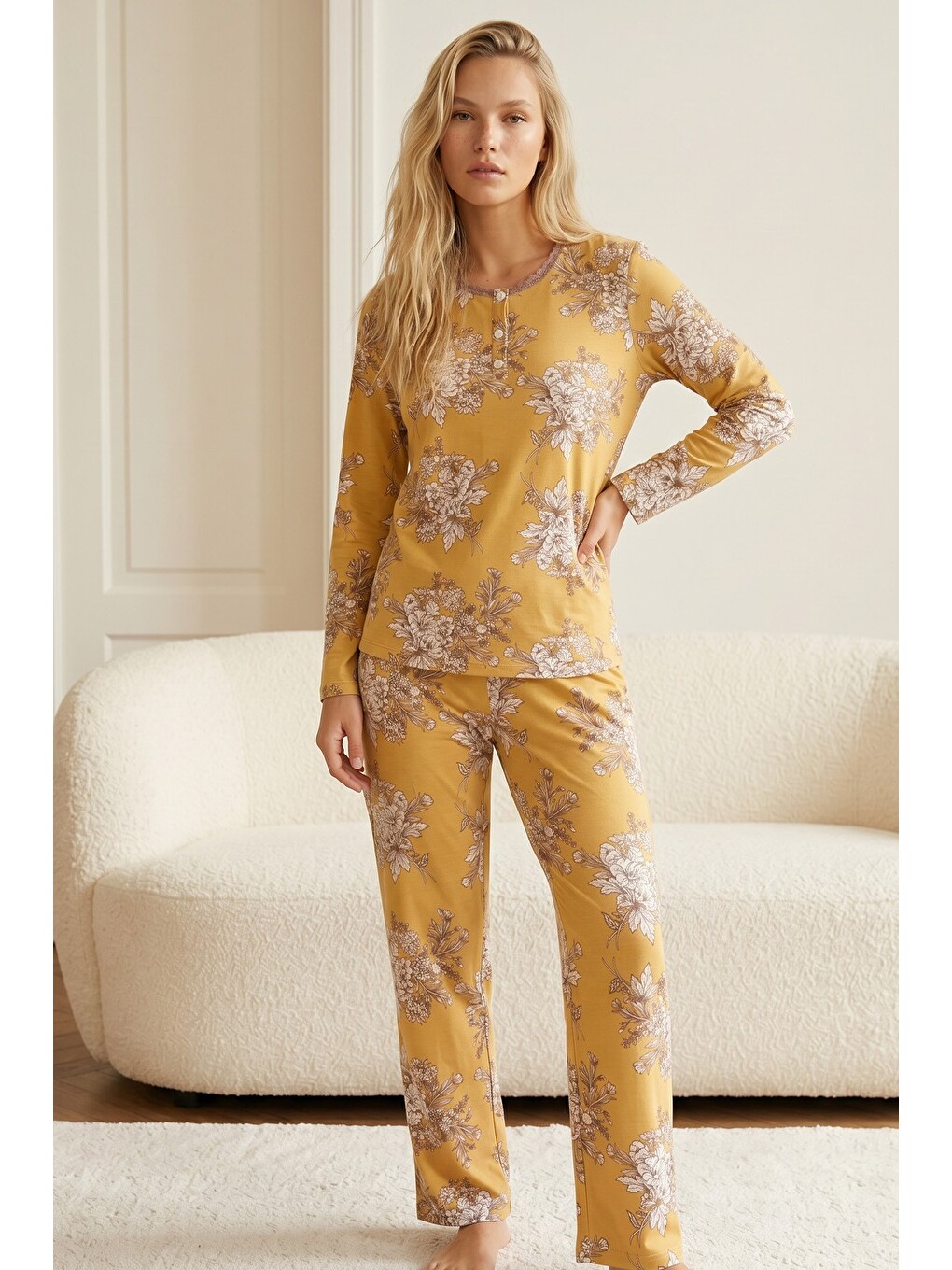 Sarı Düğmeli Pamuklu Elastanlı Örme Pijama Takım26240350-1