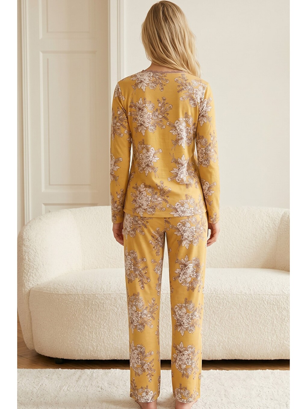 Sarı Düğmeli Pamuklu Elastanlı Örme Pijama Takım26240350-2