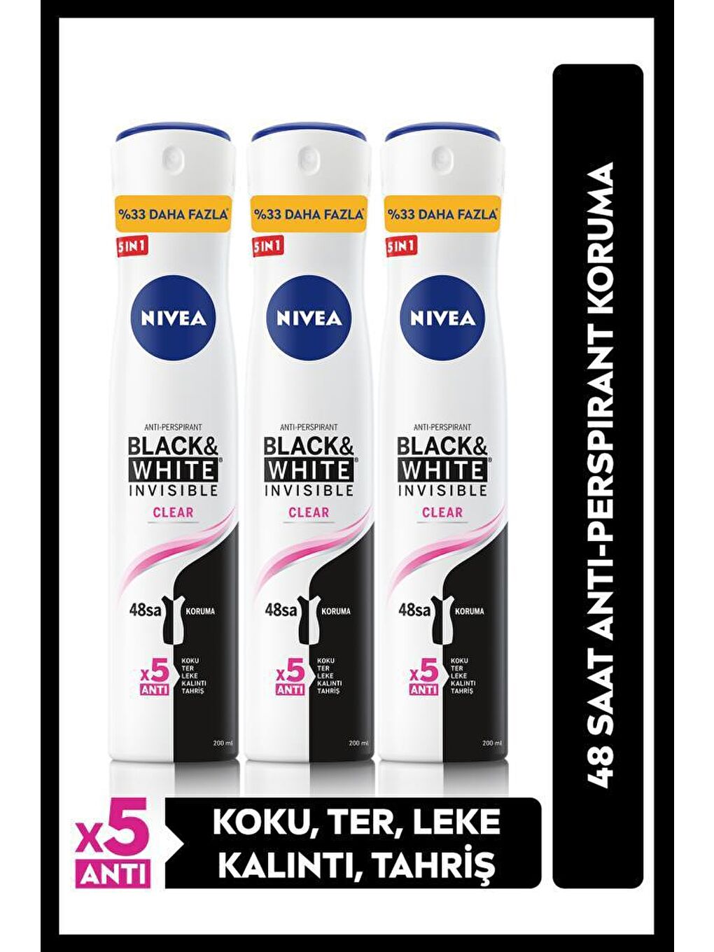 NIVEA Şeffaf Kadın Sprey Deodorant Black&White Invisible Clear 48 Saat Anti-perspirant Koruma 200mlx3adet