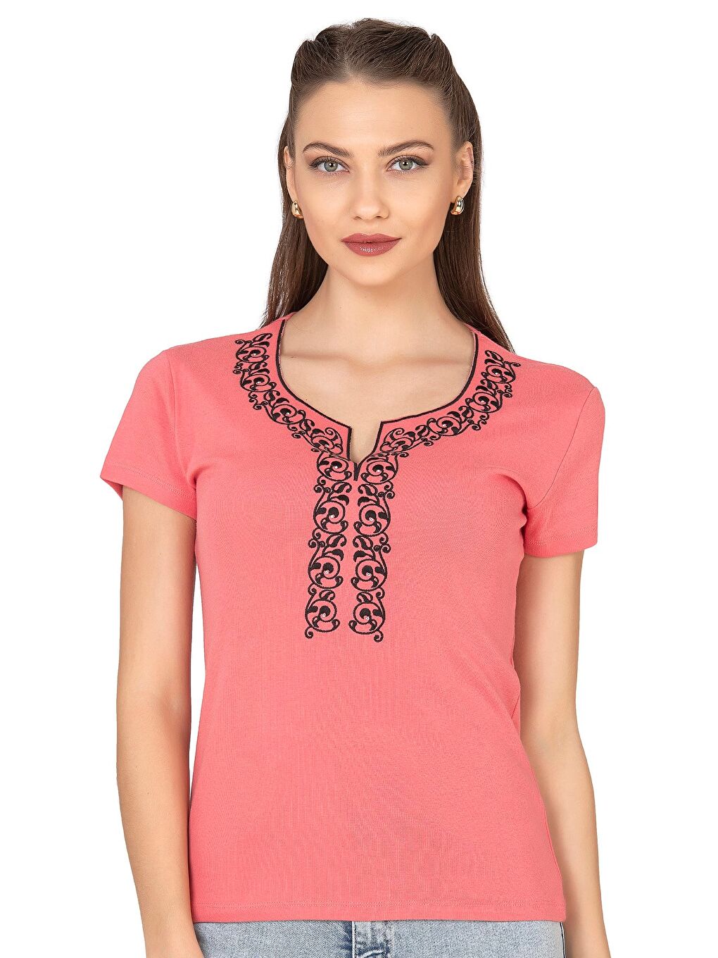 Pembe Kadın Nakış Detaylı Kısa Kol Pamuklu Bluz | Somon 21191