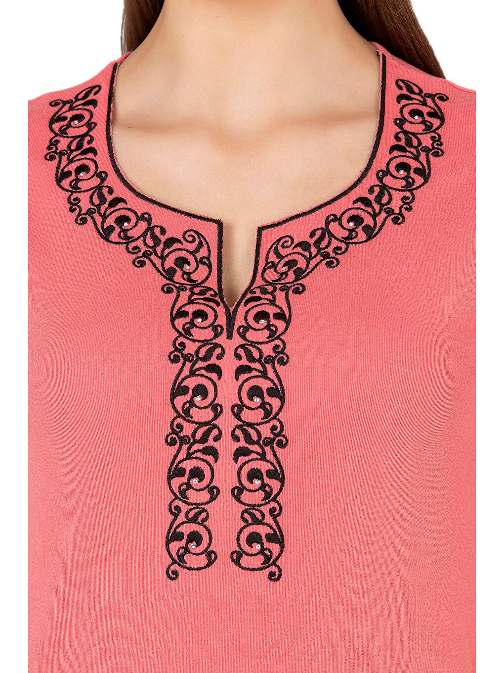 Pembe Kadın Nakış Detaylı Kısa Kol Pamuklu Bluz | Somon 21191-1